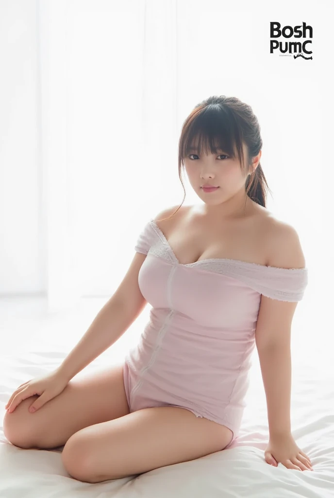 Full body shot from the front、Wear off-the-shoulder mini one-piece pajamas, bend your knees, spread your legs, take a cross-legged pose, and sit while looking at me, Slender bare legs 、smile、The background is a monotone 

