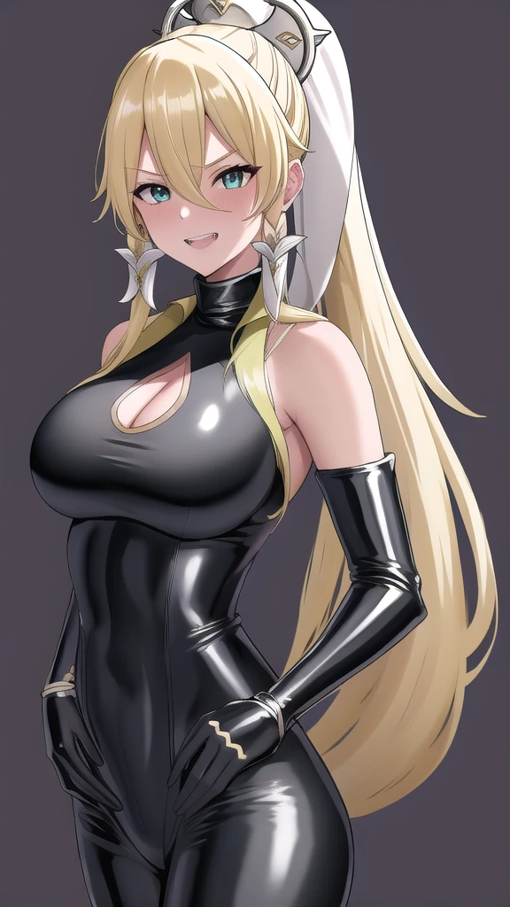   erotic 、Leafa、 blonde ponytail , Big Breasts、Alone, shiny black latex rubber suit turtleneck purple evil background、 Best Quality,  detailed face,  detailed eyes on board,  Hi-Res,、Evil female executive、Evil grin、Open your mouth slightly、 Sexy Poses、Fallen into evil、Fall into Darkness、Dark Side、lure、Estrus、 tall、cool