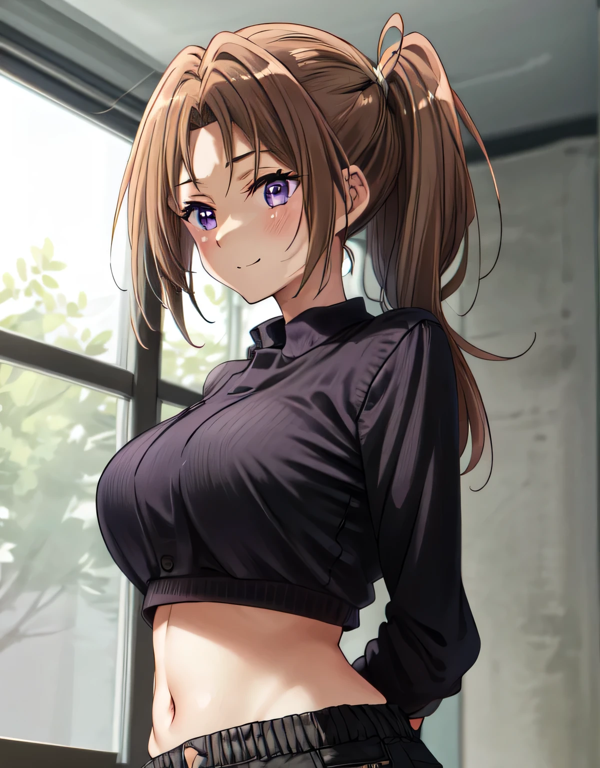 matsilo nakagawa,(large breasts:1.55),(shiny hair),((solo)),((masterpiece)),((best quality)),perfect anatomy,slim waist,perfect image,8k UHD,(beautiful detailed eyes:1.5),extremely detailed face,standing,(upper body:1.2),(look at the front:1.5),ultra-detailed,absurdres,ultra-highres,arms behind back,shiny black crop top,shiny black pants,indoor room,light smile,blush,(purple eyes),navel,