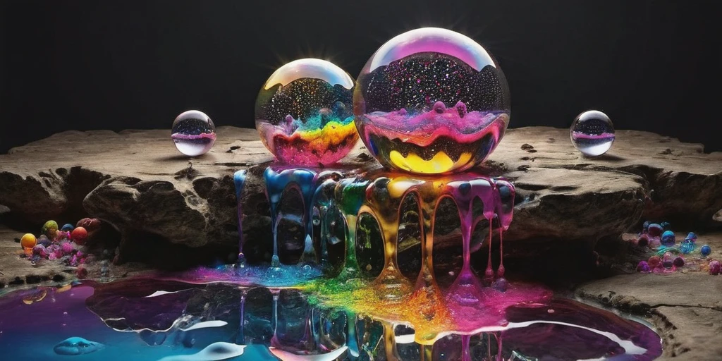 (best quality,4k,8k,highres,masterpiece:1.2),ultra-detailed,(realistic,photorealistic,photo-realistic:1.37),highly detailed psychedelic dream, vibrant shimmering colors, glass-like structures morphing from the colors, intricate rainbow patterns, perfectly formed symmetrical spheres, glowing reflective bubbles, detailed bubbles and spheres, rainbows of color twisted in and out of translucent orbs, spilled paint, spirals of swirling color in the background, beautiful psychedelic digital art, pixel art, neon colors, 4d mandelbulb psychedelics, glass-like psychedelic landscape, intricate rainbow environment, psychedelic underwater brightness, trails of color and light, bright fluorescent colors, psychedelic vibrant colors, bright psychedelic neon colors, colorful paint drips out of the bubbles, 3D glass spheres melting into each other spilling out colors, visually disorienting, hallucination inducing, optical illusions, startling, stunning images, awe-inspiringly, pixel assets, portrait photography, surrealism, photorealistic, hyperdetailed, glass morphism, digital art, sparkle, optical illusion, glowing light, reflection light, overexposure, god rays backlighting, depth of field, rotational symmetry