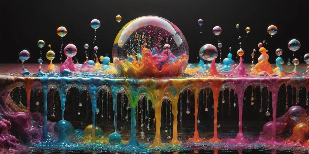 (best quality,4k,8k,highres,masterpiece:1.2),ultra-detailed,(realistic,photorealistic,photo-realistic:1.37),highly detailed psychedelic dream, vibrant shimmering colors, glass-like structures morphing from the colors, intricate rainbow patterns, perfectly formed symmetrical spheres, glowing reflective bubbles, detailed bubbles and spheres, rainbows of color twisted in and out of translucent orbs, spilled paint, spirals of swirling color in the background, beautiful psychedelic digital art, pixel art, neon colors, 4d mandelbulb psychedelics, glass-like psychedelic landscape, intricate rainbow environment, psychedelic underwater brightness, trails of color and light, bright fluorescent colors, psychedelic vibrant colors, bright psychedelic neon colors, colorful paint drips out of the bubbles, 3D glass spheres melting into each other spilling out colors, visually disorienting, hallucination inducing, optical illusions, startling, stunning images, awe-inspiringly, pixel assets, portrait photography, surrealism, photorealistic, hyperdetailed, glass morphism, digital art, sparkle, optical illusion, glowing light, reflection light, overexposure, god rays backlighting, depth of field, rotational symmetry