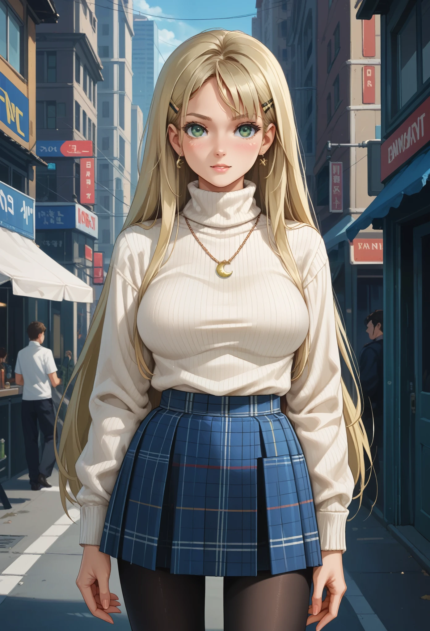 safe_pos, score_9, score_8_up, score_7_up, city of dreamers, frontal view, kannagi yuuri, light green eyes, blonde hair, very long hair, sidelocks, hairclip, large breasts, (negative_v2 Color_Balance_Calibration:0.8), AniPnyXLQual, DynaPortrait_PDXL, zal, detailed style, white turtleneck sweater, plaid skirt, black pantyhose, crescent necklace,