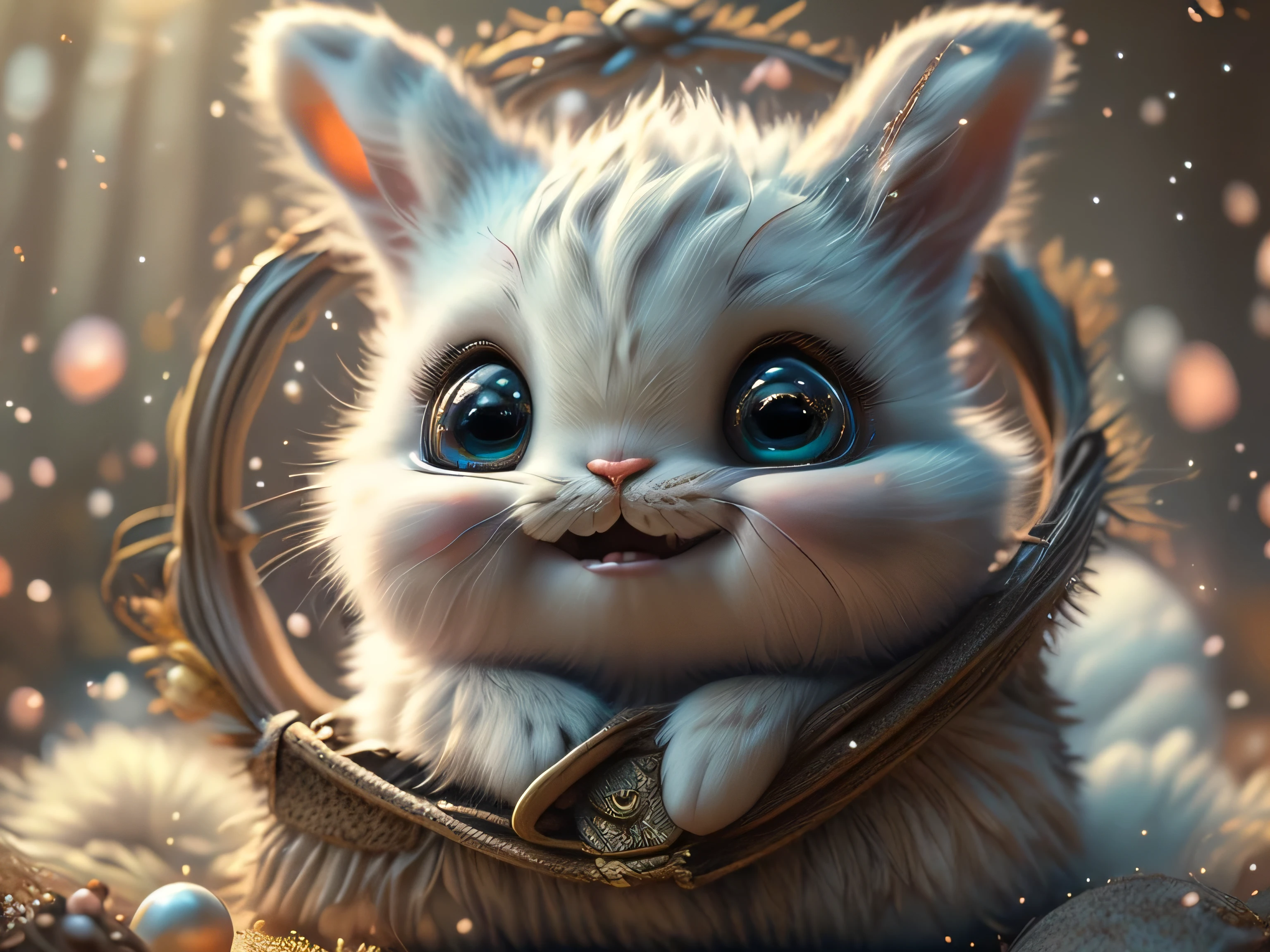 Magical Fantasy Creature, (Best Quality, Masterpiece, Representative Work, Official Art, Professional, Ultra Fine Detail, 8k:1.3), (Photorealism:1.2), Rabbit Spirit, Super Cute, Big Eyes, Soft, Delicate Nose, Fluffy, Double-Toothed Smile, Cute White Rabbit Ghost, Realistic, Beautiful, Sparkling, Stars in Eyes, Star Pearl, Soft Volumetric Light, (Backlight:1.3), (Cinematic:1.2), Intricate Details, (ArtStation:1.3), --auto --s2