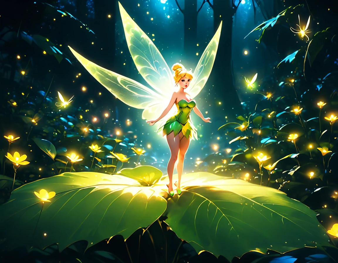 Full body view, tall sensual fairy girl, TINKERBELL, big breast, rosy plump lips, yellow eyes, glowing BLONDE hair, big translucent dragonfly wings, flowy sinuous ethereal, standing on a giant leaf, looking up, fireflies, dimly lit garden background, disney Tinkerbell 