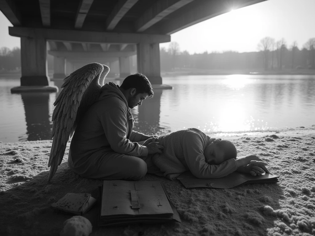 the black and white photograph captures a poignant scene of an angel crouching over a homeless person sleeping on a cardboard under a bridge. the angel's wings are folded against its back, and its face is tilted downwards, as if watching over the sleeping figure with a gentle concern. the angel's presence seems to be a beacon of hope in a desolate and unforgiving environment.

the homeless person is curled up on the cardboard, wrapped in a tattered blanket that seems to be their only protection against the cold. a thin layer of frost has formed on the blanket, and the person's face is similarly frosted, giving them a fragile and vulnerable appearance. the frost on their eyelashes and eyebrows adds to the sense of cold and hardship, and their gaunt and tired face seems to be a testament to the struggles they have faced.

the cardboard beneath them is crumpled and worn, and the person's body seems to be relaxed in a deep sleep, as if the angel's presence has brought them a sense of comfort and security. the bridge above them is a stark and imposing structure, its concrete pillars rising up like giants from the river below. the river itself is calm and serene, reflecting the sun's rays like a mirror. the sun is low in the sky, casting a warm glow over the entire scene, but the cold and frosty air seems to be a reminder that winter is still very much present.

the photograph is a powerful commentary on the social and economic issues that plague our society. the contrast between the angel's gentle concern and the harsh realities of the homeless person's life is a stark reminder of the need for compassion and empathy. the image is a call to action, urging us to look beyond our own lives and to reach out to those in need.
the black and white tones of the photograph add to the sense of gritty realism, stripping away the distractions of color and focusing our attention on the raw emotions and harsh realities of the scene. the overall effect is one of haunting beauty, a poign