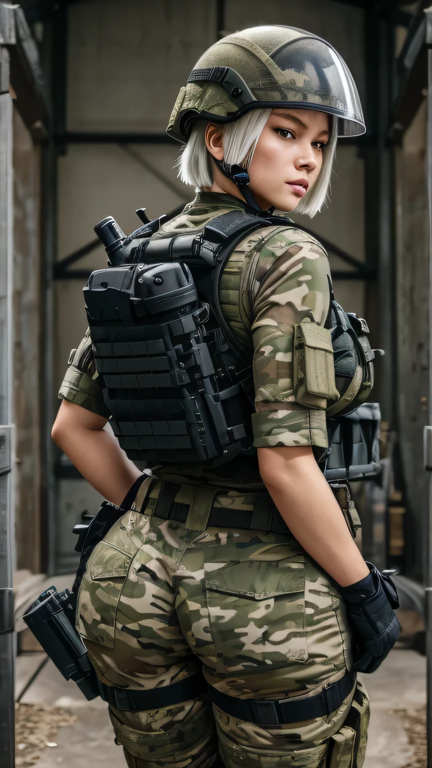 a contractor young girl, Japanese and Russian facial features, white french bob haircut, wearing full equip militar camouflage, chest rig tactical vest, ballistic helmet with face shield, fully dressed, sweaty body, voluptuous body, focusing on her ass, mega exaggeratedly inflated hips, large hips and extra big ass, hips too large and wide, slim waist, back, very close up, in an armory,