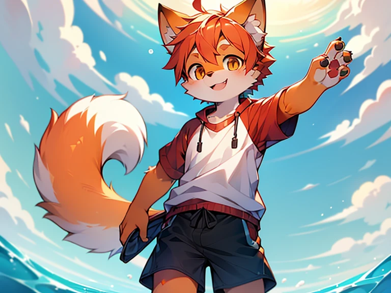 Boy for a cute orange wolf with shiny hair, detailed body, swimming trunks, nice background, high quality, a masterpiece, happy face. 