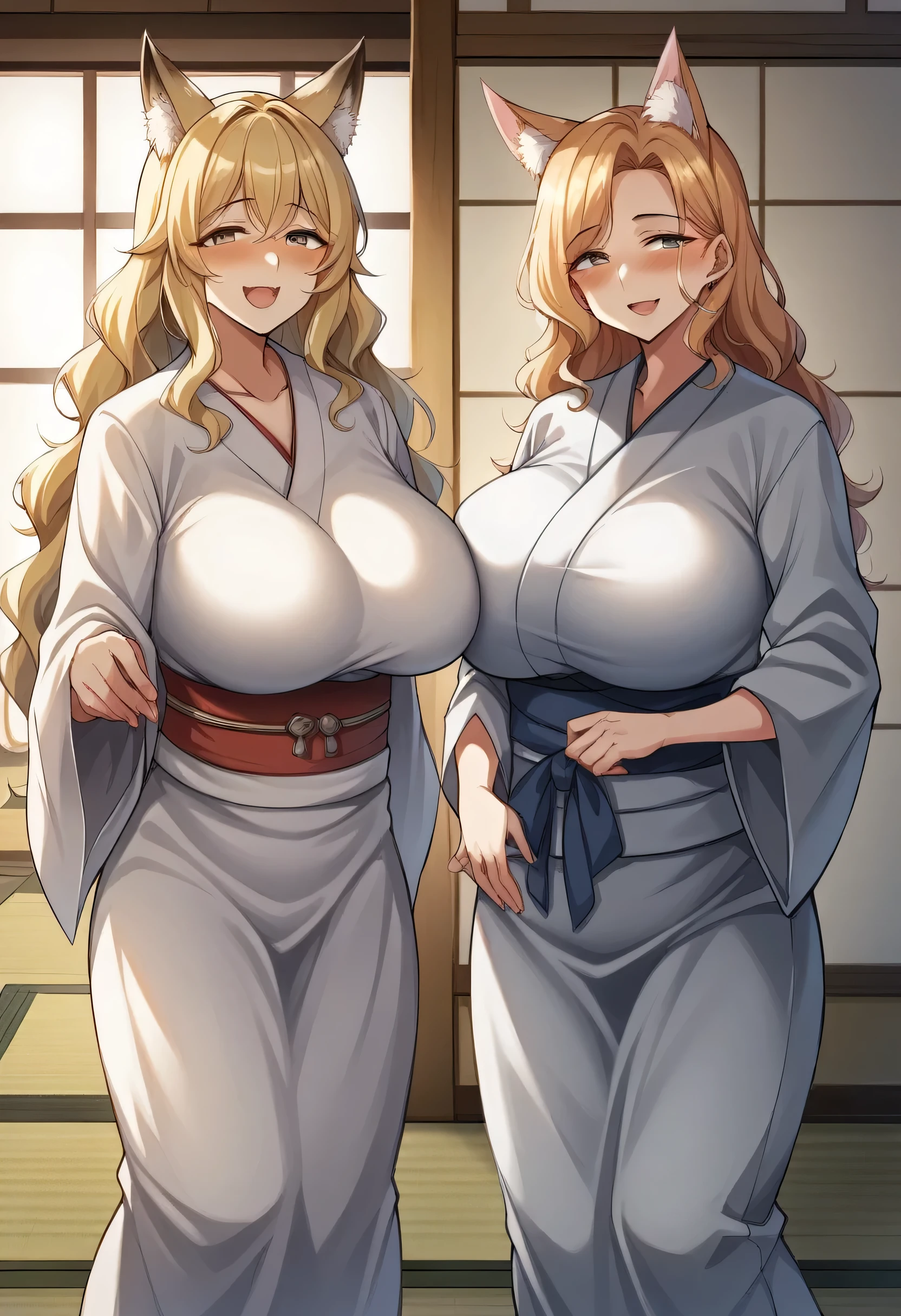 2girl,bare breast,Yukata Clothes,huge and gigantic breast,(bare breasts),smile,Sister,Enhance the nipples