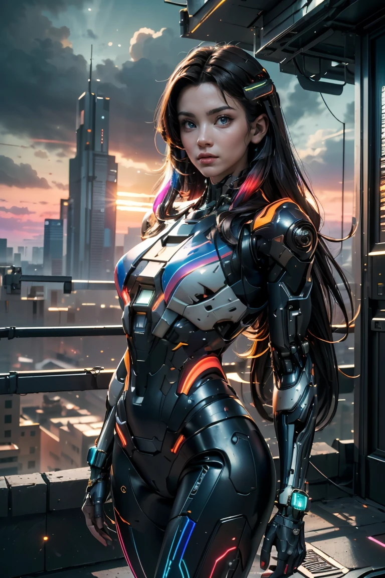 ((masterpiece, best quality, extremely detailed), volumetric lighting, ambient occlusion, colorful, glowing), 1girl, solo, young girl, (dark hair), long hair, halo, aura, sacred, godness, cyber suit, (random-colored outfit:1.3), android, bot, cybernetic wings, outdoors, sunset, sky, clouds, space, (cyberpunk theme:1.2),