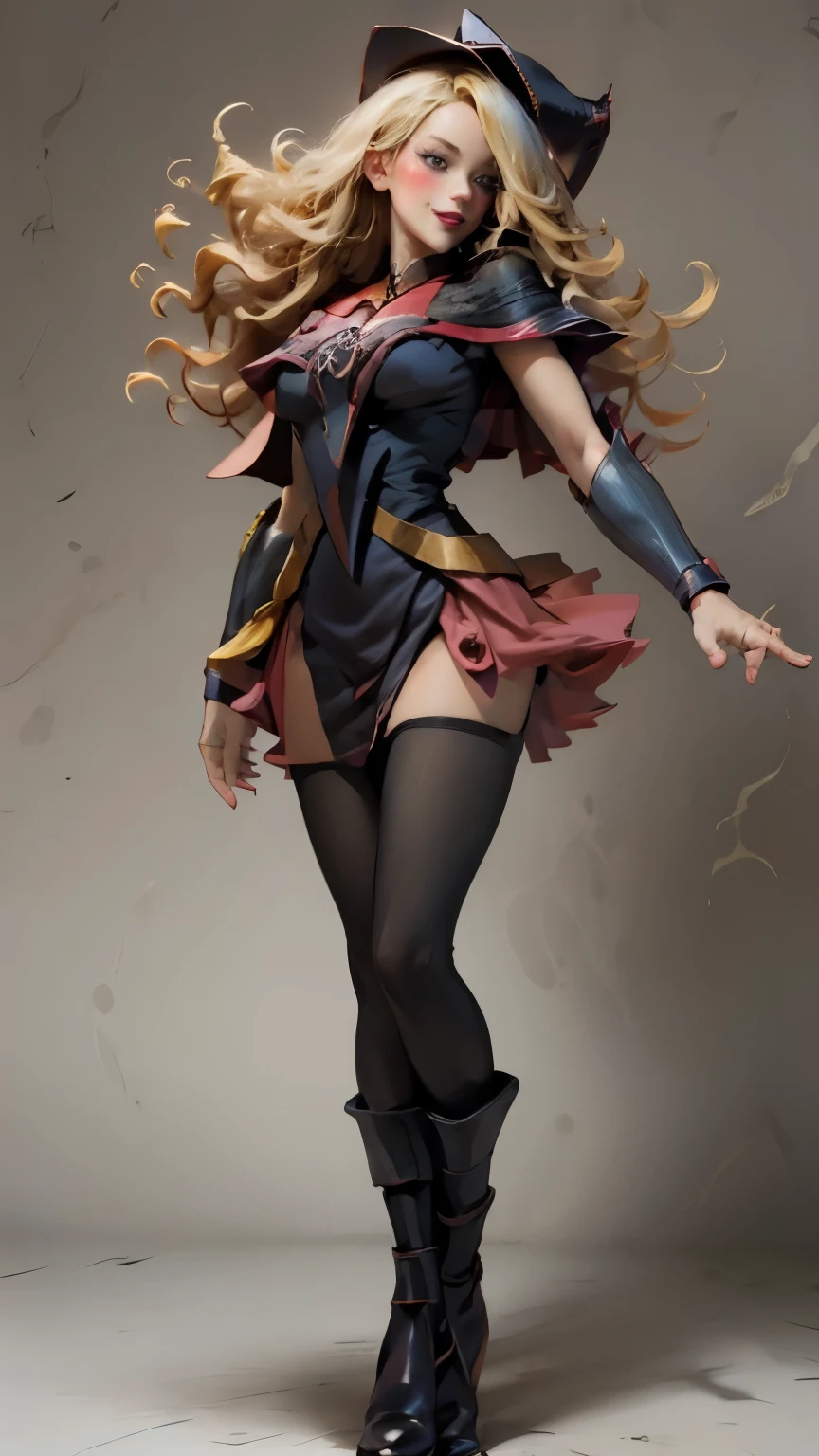  Magician girls , Japanese anime, Beautiful blonde girl in Alice miniskirt in a bright red Santa Claus costume. blonde hair.  green eyes.  red lips. blush on cheek.  She has tall gold boots.  she wears black stockings .  She has a staff in her hand. She wears a miniskirt. Take full body. smile. Walking pose. Staff in her hands . white background. bottomless