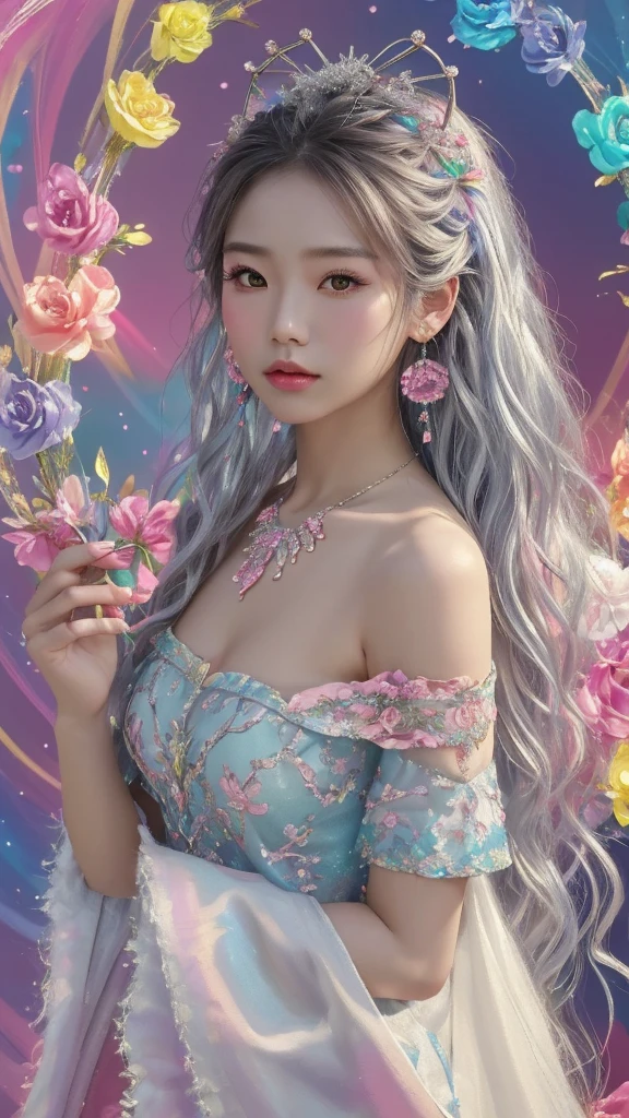 masterpiece, Best Quality,   high definition , ( colorful background: 1.4), [  glitter], [  viewers ,   PORTRAIT ,  Cute Chinese Girl 1 Person  ], (Long Hair,   silver hair , Wave Curl,    Art Multi Color Twisted Big Braid : 1.3,  Fluffy Wolf Ears , ),  Off Shoulder Short Sleeve ,   Delicate facial features  ,   pink lips,   Earrings for Single Women ,   necklace  , in a bottle ,  blurred background, 