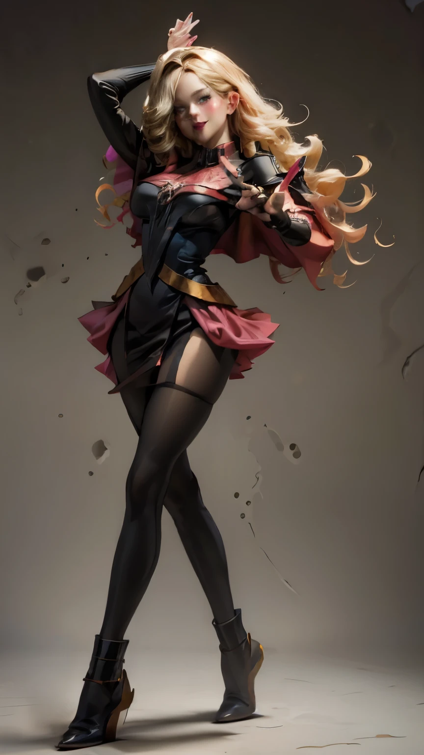  Magician girls , Japanese anime, Beautiful blonde girl in Alice miniskirt in a bright red Santa Claus costume. blonde hair.  green eyes.  red lips. blush on cheek.  She has tall gold boots.  she wears black stockings .  She has a staff in her hand. She wears a miniskirt. Take full body. smile. Walking pose. Staff in her hands . white background. bottomless