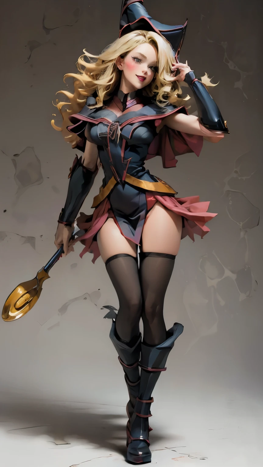  Magician girls , Japanese anime, Beautiful blonde girl in Alice miniskirt in a bright red Santa Claus costume. blonde hair.  green eyes.  red lips. blush on cheek.  She has tall gold boots.  she wears black stockings .  She has a staff in her hand. She wears a miniskirt. Take full body. smile. Walking pose. Staff in her hands . white background. bottomless