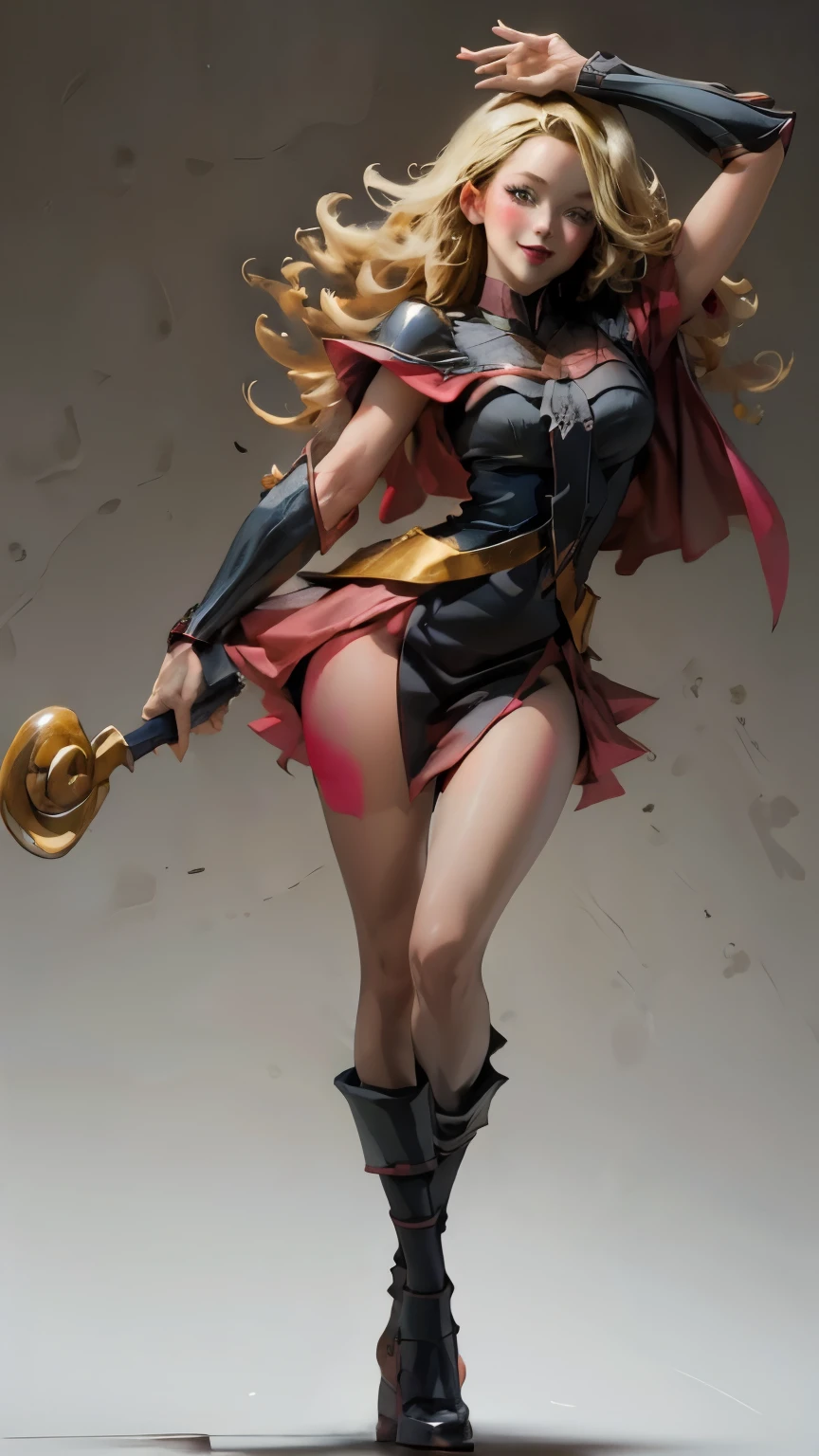  Magician girls , Japanese anime, Beautiful blonde girl in Alice miniskirt in a bright red Santa Claus costume. blonde hair.  green eyes.  red lips. blush on cheek.  She has tall gold boots.  she wears black stockings .  She has a staff in her hand. She wears a miniskirt. Take full body. smile. Walking pose. Staff in her hands . white background. bottomless