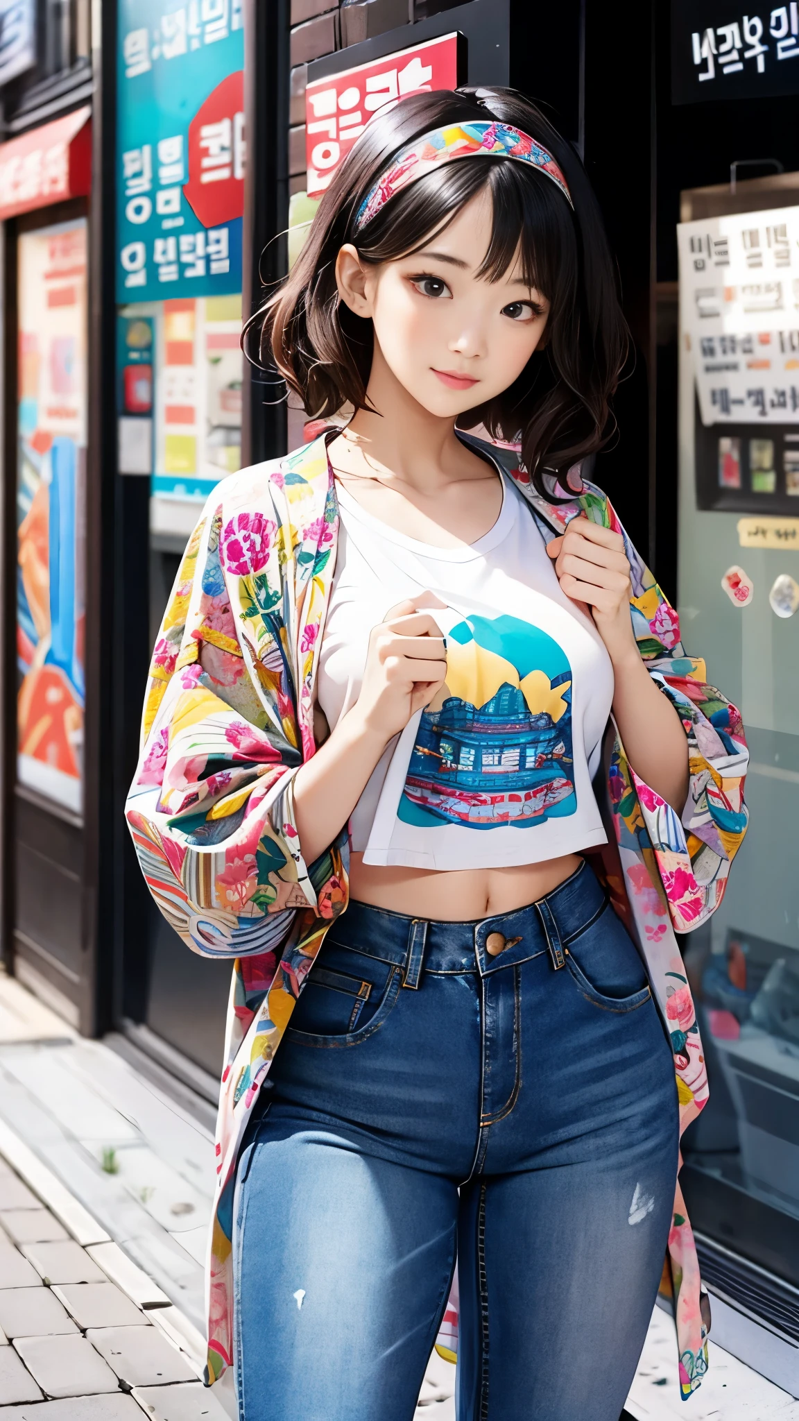 (masterpiece, best quality), beautiful woman, cute printed cropped shirt, jacket, jeans, short wavy hair, headband, asymmetrical bangs, perfect face, beautiful face, alluring, big gorgeous eyes, soft smile, perfect slim fit body, city streets, seoul, bright colors