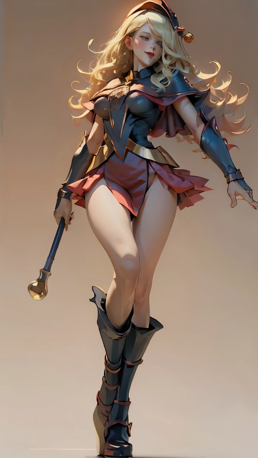  Magician girls , Japanese anime, Beautiful blonde girl in Alice miniskirt in a bright red Santa Claus costume. blonde hair.  green eyes.  red lips. blush on cheek.  She has tall gold boots.  she wears black stockings .  She has a staff in her hand. She wears a miniskirt. Take full body. smile. Walking pose. Staff in her hands . white background. bottomless