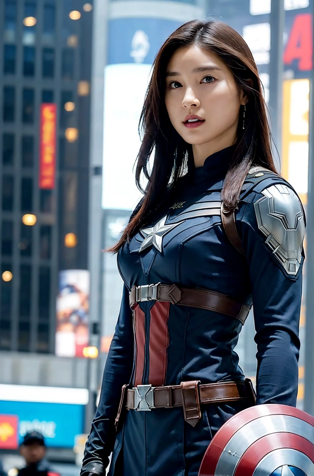 masterpiece,  1 girl, Beautiful woman、Marvel's Captain America , Delicate and delicate features,  American Dream ,  holding a round shield ,  Futuristic New York Times Square Background ,  Sci-fi ,  brown,  very big breasts, Big Breasts,  superheroine , heroic, Perfectly Proportioned,   photo volume release ,  super real , masterpiece, 8k, Large format camera , マーベルのキャプテン・アメリカ役のBeautiful womanの110mmレンズ , Dynamic lighting, Her horizontal angle ,  Captain America's costume is a costume design for the 2022 movie Avengers Endgame, The bottom of the costume is completely naked ,  shield with a diameter of 90 cm, which is also the symbol of Captain America , You can clearly see her whole body wearing a costume , Overall bright,  Big Breasted Man 々Her Standing Figure , Protect her body with a shield , There is only one Captain America shield in the portrait,  Full body portrait of her in Captain America costume, Looking at the camera with a confident expression ,  Bright, soft lighting in sunlight , Anatomically correct , 