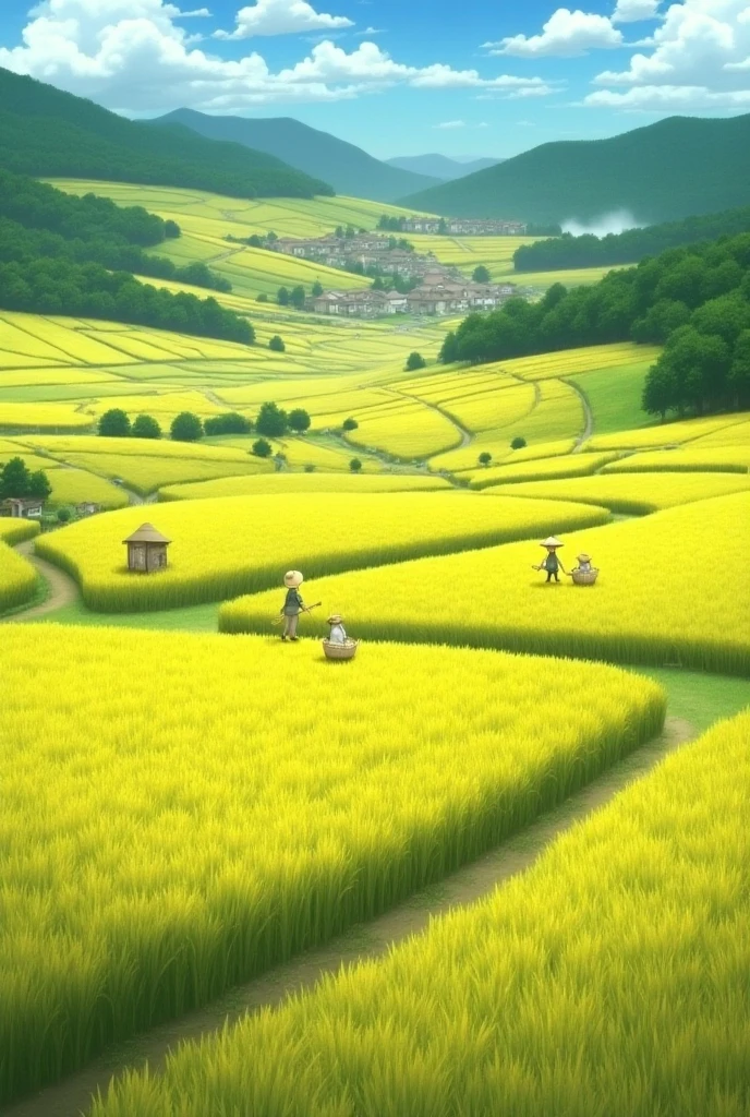 The image shows vast rice fields of 19th century Japan on tiered land ...
