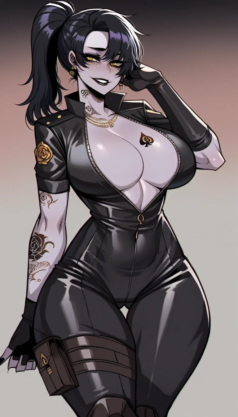 masterpiece, highest quality, highest resolution, distinct_image, detailed details) , 1 futanari , solo , 40's , massive breasts , massive hips, cleavage, attractive body, attractive face, attractive expressions , attractive eyes, attractive lips , soft hair  , one black mole on left eye , soft lips , black eyeshadow , black makeup , black lipstick , black lips , black fingernails , attractive women , attractive , big bright eyes , gold ring , ring , blush , smiling , teasing facial expressions , on city  ,blacked ,blackedwear , BBC tattoos , queen of spades tattoo temporarily on left breast , black roses tattoo on right arm , tattoo detailed ,single pauldron, ponytail ,long hair ,gloves, wdwmakr  , purple skin , yellow eyes, thigh holster , over shoulder, single vembrace , stud earrings , center opening , bodysuit, knee boots , cleavage , ratatatat74 artstyle , 