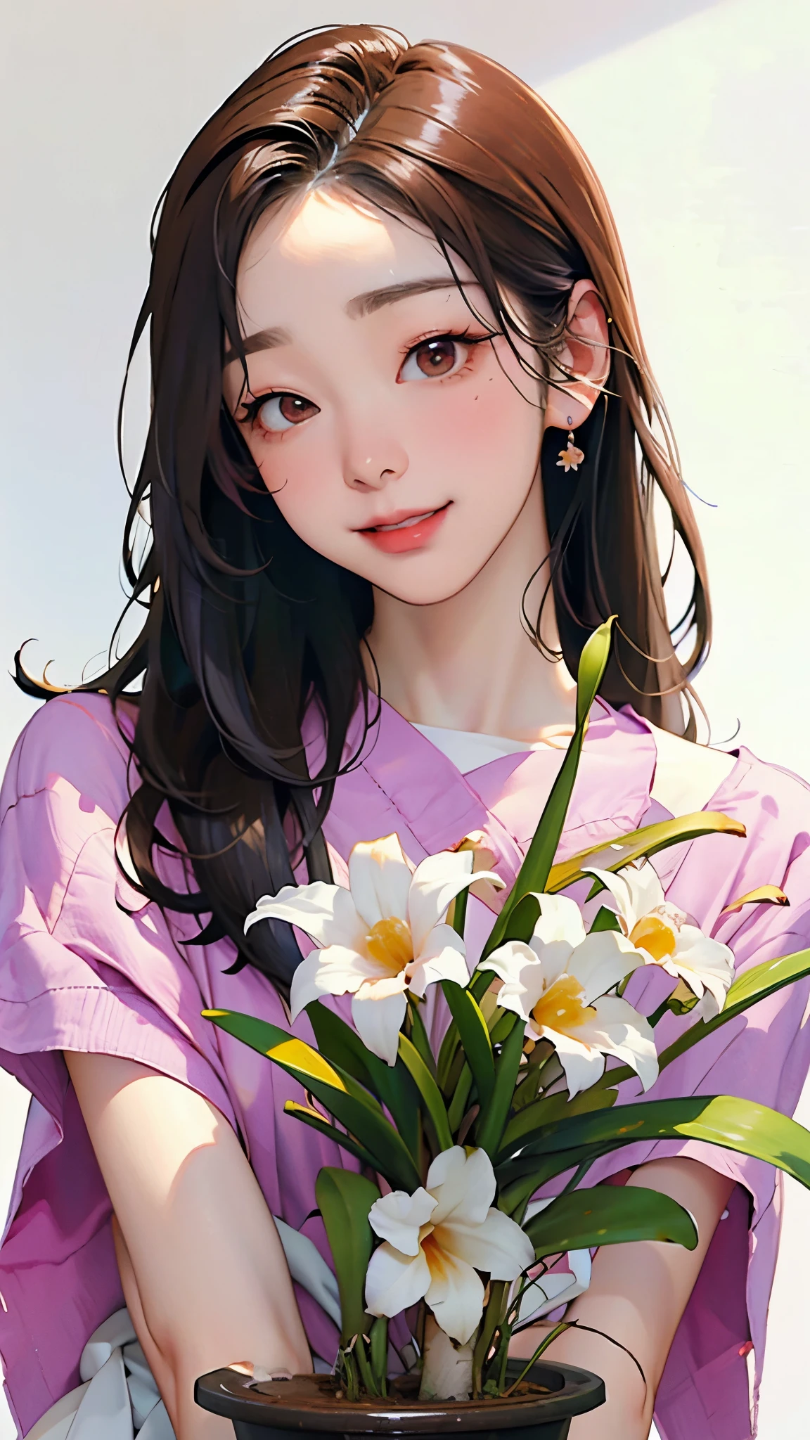 (masterpiece, highest quality:1.2), (Portrait、whole body、front)、(One Woman、A kind smile、Potted plantsのCattleyaの花を抱え持つ、)、(Cattleya, Potted plants、alone, Three Flowers, close, whole body, full bloom, )、Soft Focus、Watercolor style、Blur the background、Blank background、White Background、