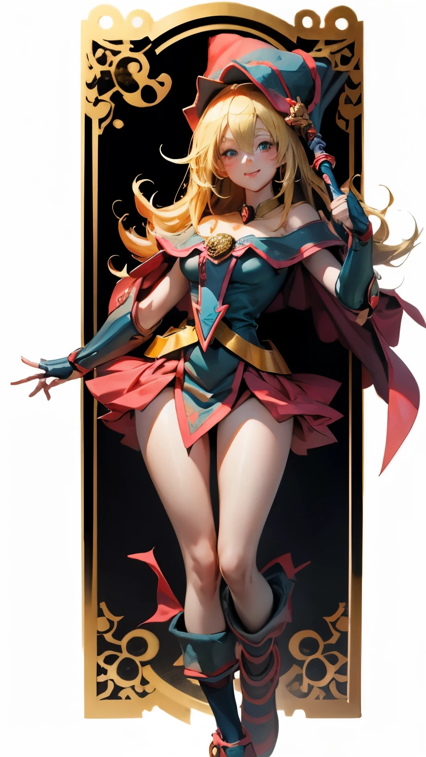 Magician girls , Japanese anime, Beautiful blonde girl in Alice miniskirt in a bright red Santa Claus costume. blonde hair. green eyes. red lips. blush on cheek. She has tall gold boots. she wears black stockings . She has a staff in her hand. She wears a miniskirt. Take full body. smile. Walking pose. Staff in her hands . white background. bottomless