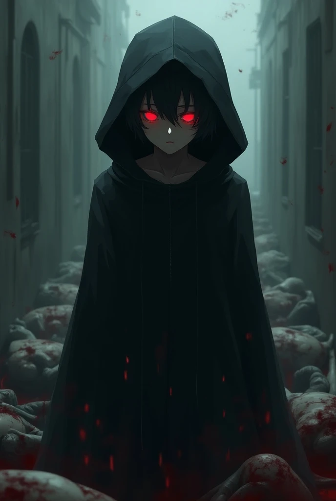 A boy wearing black jakat,full face mask,Only white eyes, red tai,mincraft theme, anime some blood fall on face and head, black heir looking deadly,