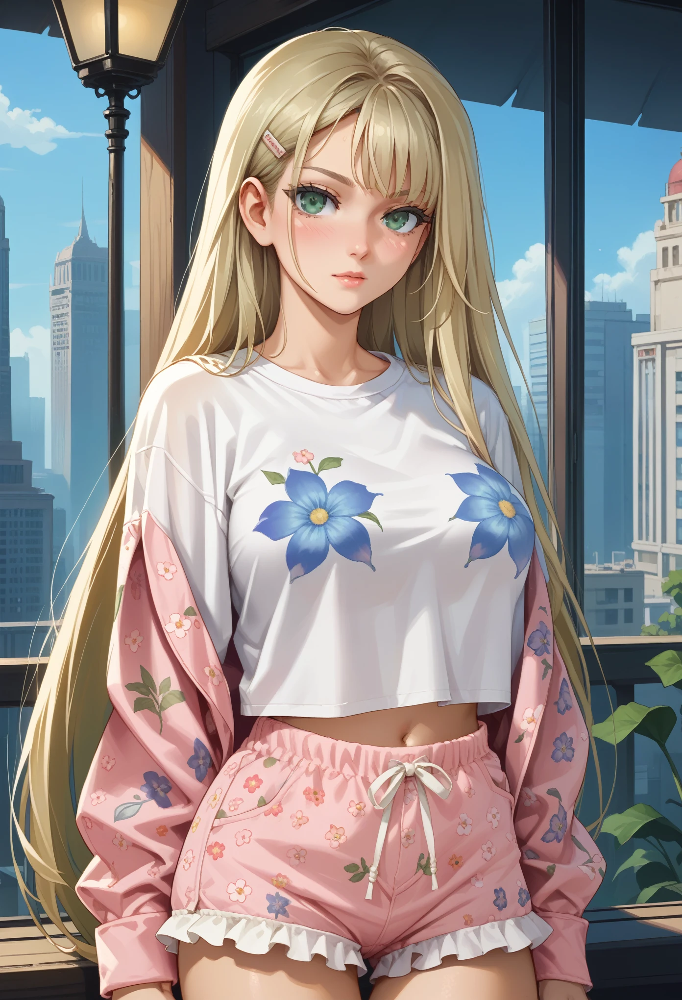 safe_pos, score_9, score_8_up, score_7_up, city of dreamers, frontal view, kannagi yuuri, light green eyes, blonde hair, very long hair, sidelocks, hairclip, large breasts, (negative_v2 Color_Balance_Calibration:0.8), AniPnyXLQual, DynaPortrait_PDXL, zal, detailed style, pink pajamas, floral print, pink short shorts, frills, black undershirt,