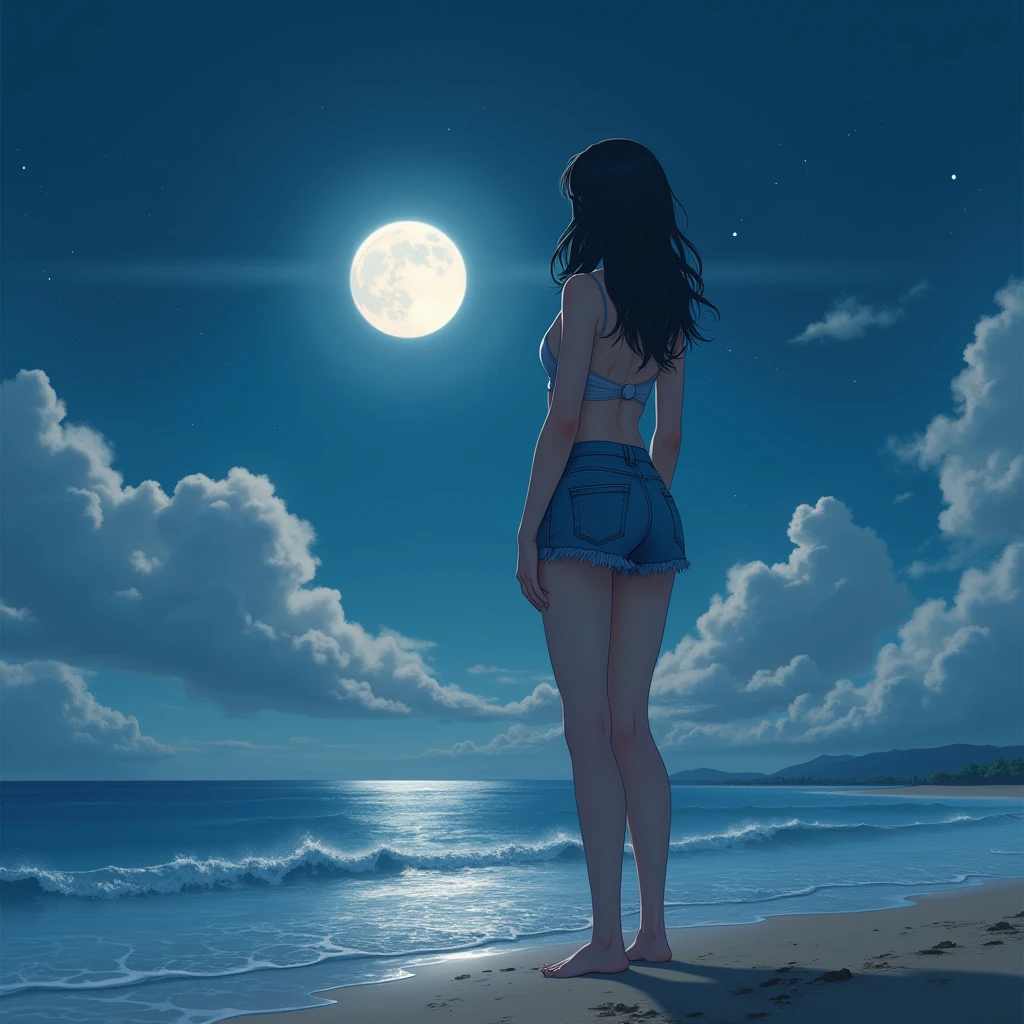 A Japanese watercolor painting, flat color, a girl, naked, hairy pubic, straight black hair, standing in moonlit, from behind