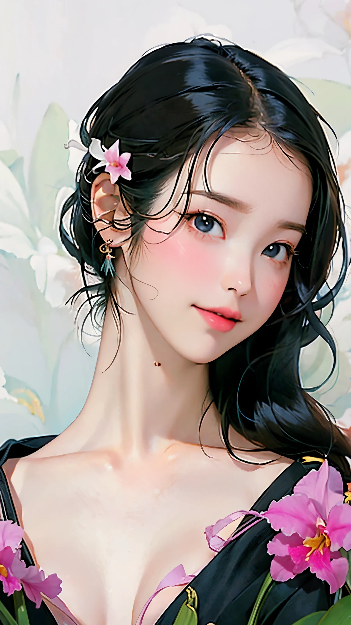 (masterpiece, highest quality:1.2), (Portrait、whole body、front)、(One Woman、A kind smile、Potted plantsのCattleyaの花を抱え持つ、)、(Cattleya, Potted plants、alone, Three Flowers, close, whole body, full bloom, )、Soft Focus、Watercolor style、Blur the background、Blank background、White Background、