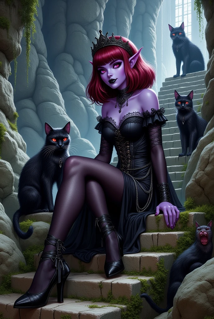 (Ultra-detailed face, Looking away, Fantasy Illustration with Gothic, Dark tone colors.), BREAK 
(A viewpoint looking up a stone staircase from below. A vast cavernous space, very deep underground, where no light reaches. The Dark Queen sits cross-legged with an arrogant expression on her stone throne at the top of an acid-eroded stone staircase, covered with thin green moss, while large cats with jet-black glossy fur sit on her lap, jump on the throne, and play with her at her feet.), BREAK 
(The dark queen wears a tiara with a black spider motif and a black onyx choker and necklace. She wears a lace-up dress of jet-black transparent fabric organdie with layers of thin gray cords woven into it. She wears high heels of jet-black woven silk tape and holds a cat on her lap with both hands.), BREAK 
(She has glossy crimson hair and eyebrows, blunt bangs, straight and well-groomed very long hair, small black lips, dark purple skin, glowing red eyes, and a dark queen of a young age with thick, dark eyeliner around her eyes.), BREAK 
(This is a valley of darkness, underground, where no light can reach. Atop a stone temple, the Queen of Darkness uses her power and fear to control the inhabitants and creatures of the Valley of Darkness. A large cat at the queen's side protects her.)