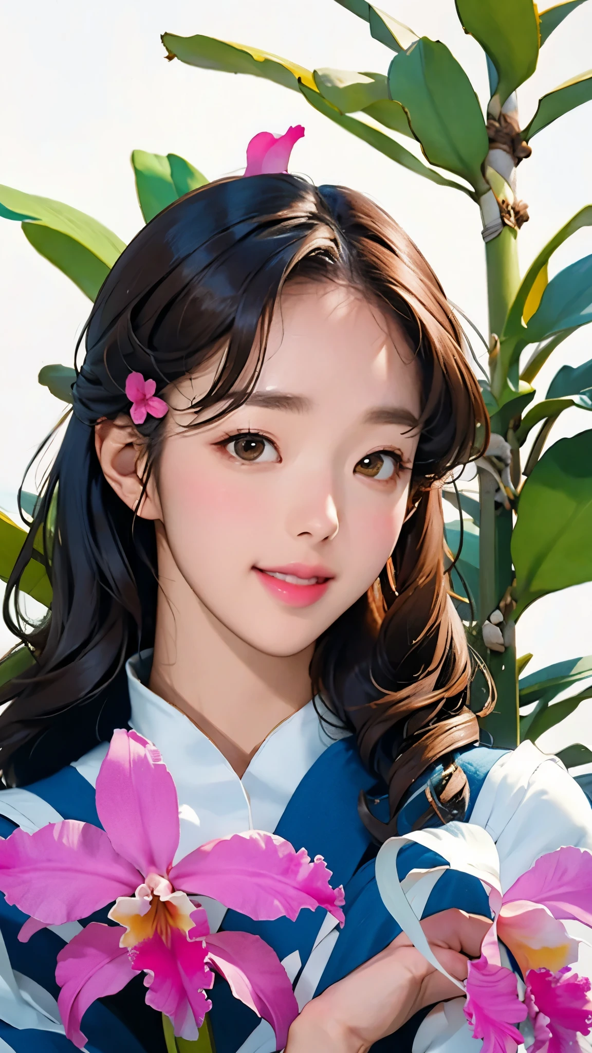 (masterpiece, highest quality:1.2), (Portrait、whole body、front)、(One Woman、A kind smile、Potted plantsのCattleyaの花を抱え持つ、)、(Cattleya, Potted plants、alone, Three Flowers, close, whole body, full bloom,  )、Soft Focus、Watercolor style、Blur the background、Blank background、White Background、