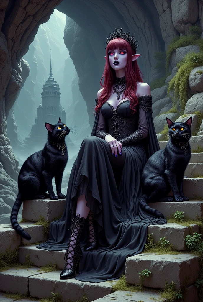 (Ultra-detailed face, Looking away, Fantasy Illustration with Gothic, Dark tone colors.), BREAK 
(A viewpoint looking up a stone staircase from below. A vast cavernous space, very deep underground, where no light reaches. The Dark Queen sits cross-legged with an arrogant expression on her stone throne at the top of an acid-eroded stone staircase, covered with thin green moss, while large cats with jet-black glossy fur sit on her lap, jump on the throne, and play with her at her feet.), BREAK 
(The dark queen wears a tiara with a black spider motif and a black onyx choker and necklace. She wears a lace-up dress of jet-black transparent fabric organdie with layers of thin gray cords woven into it. She wears high heels of jet-black woven silk tape and holds a cat on her lap with both hands.), BREAK 
(She has glossy crimson hair and eyebrows, blunt bangs, straight and well-groomed very long hair, small black lips, dark purple skin, glowing red eyes, and a dark queen of a young age with thick, dark eyeliner around her eyes.), BREAK 
(This is a valley of darkness, underground, where no light can reach. Atop a stone temple, the Queen of Darkness uses her power and fear to control the inhabitants and creatures of the Valley of Darkness. A large cat at the queen's side protects her.)