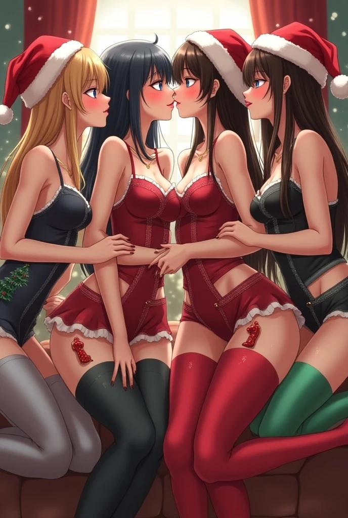 black hair girl, slim, bob cut, forehead, red lipstick, green santa outfit, green hat, long sleeves, brown belt, striped red and white thighhighs, black jester shoes, kneeling, side view, blowjob, room, shota-boy 3d, skinny, crackows, 3d