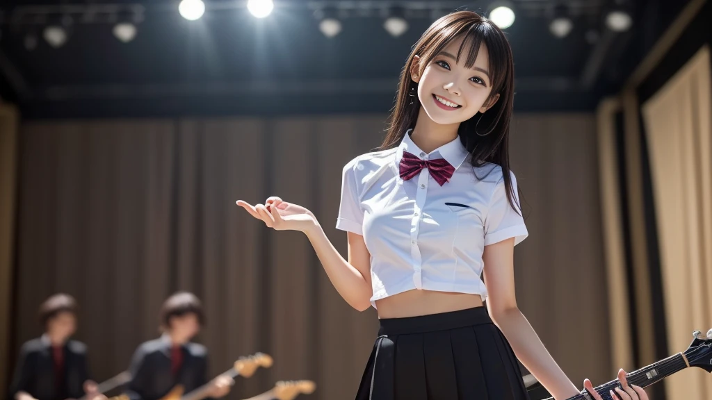 (masterpiece), high quality, 8k , Tabletop, 8k wallpaper, 最high quality, 1 girl, Hoshinolby, Corn sart、on stage、Spotlight, blush, indoor, ((White star pupil in left eye,)), Blue School_uniform, Red bow tie、Idol、Idol Costumes、cute、Shine、full_body, Bright smile、sing、Holding a microphone
