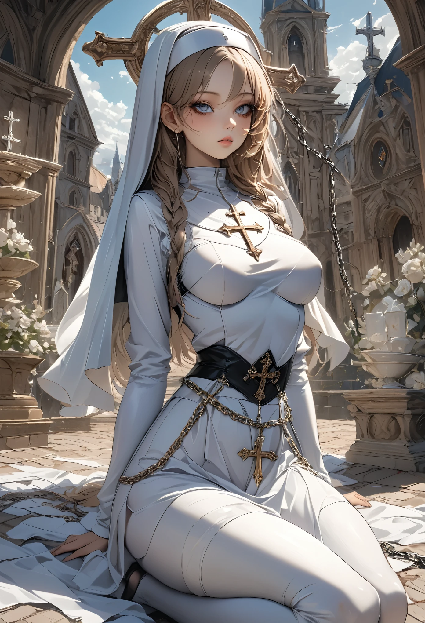 a beautiful nun with, breasts, her scapula, fine chains around her waist, in a Outdoor with a cross, on knees, highly detailed 8K surrealistic masterpiece with rich details