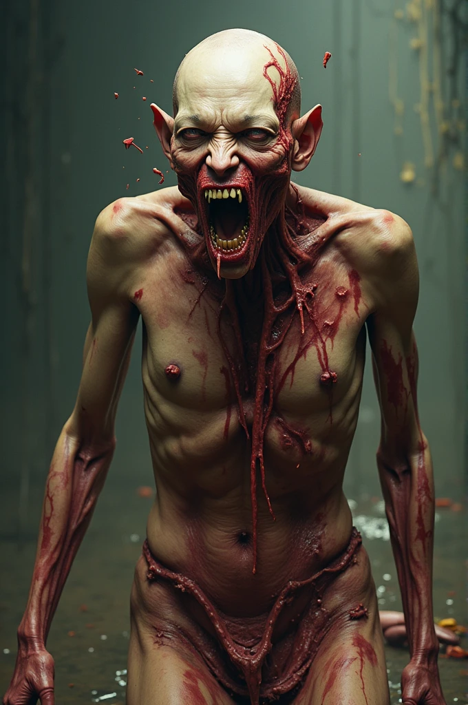 (photorealism:1.2), A man, 30 years, vampire, nosferate, sound, monsterso, former US military man, underworld, at night, deformed, monster, extremely deformedd, extremadamente monsterso