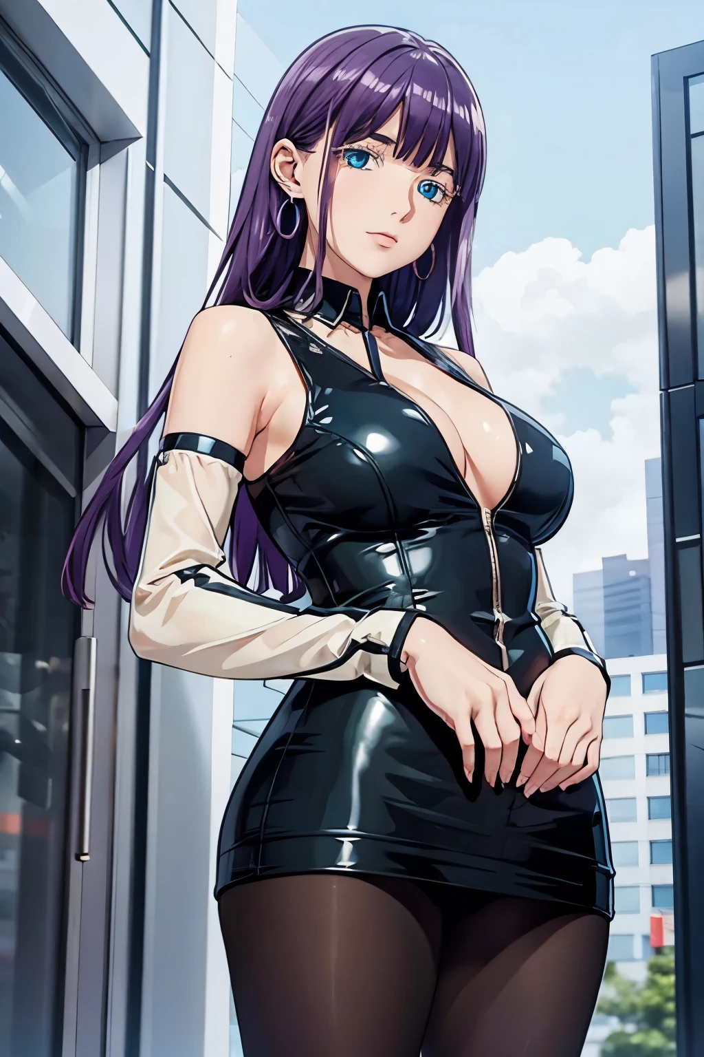 ((plump breasts)), ((1 girl)), (jambes grasses), ((shiny pantyhose)), ((glossy pantyhose)), ((view from below)), earrings, ((outdoor cybercity)), ((perfect hands)), (finely detailed eyes and detailed face:1.3), (extremely fine and beautiful:1.1), (Perfect details:1.1), ((no cleavage)), Mira Suou, World's end harem, purple hair, blue eyes, white eyelashes, dress, detached sleeves, black pantyhose