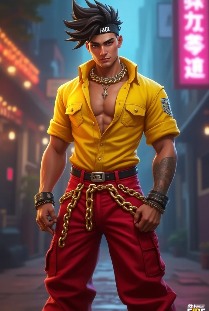 Dicas: foto de corpo inteiro, design de personagem do jogo, Bruce Lee jogos mortais, bruce lee,Walking towards the camera, open and closed hands, smoke billowing, olhos detalhados, yellowish and black clothing, personagem Hokuto Shinken, Kenjiro, luz lateral superior, rua do Brasil deserta (distant view, profundidade de campo borrada), elevation perspective - AR 10:16 - Expression of style.