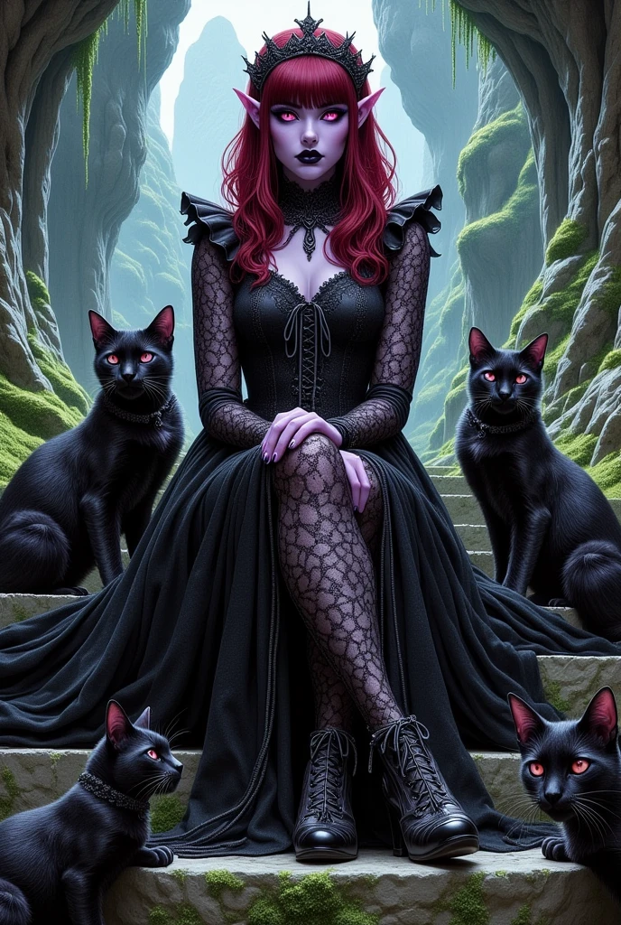 (Ultra-detailed face, Looking away, Fantasy Illustration with Gothic, Dark tone colors.), BREAK 
(A viewpoint looking up a stone staircase from below. A vast cavernous space, very deep underground, where no light reaches. The Dark Queen sits cross-legged with an arrogant expression on her stone throne at the top of an acid-eroded stone staircase, covered with thin green moss, while large cats with jet-black glossy fur sit on her lap, jump on the throne, and play with her at her feet.), BREAK 
(The dark queen wears a tiara with a black spider motif and a black onyx choker and necklace. She wears a lace-up dress of jet-black transparent fabric organdie with layers of thin gray cords woven into it. She wears high heels of jet-black woven silk tape and holds a cat on her lap with both hands.), BREAK 
(She has glossy crimson hair and eyebrows, blunt bangs, straight and well-groomed very long hair, small black lips, dark purple skin, glowing red eyes, and a dark queen of a young age with thick, dark eyeliner around her eyes.), BREAK 
(This is a valley of darkness, underground, where no light can reach. Atop a stone temple, the Queen of Darkness uses her power and fear to control the inhabitants and creatures of the Valley of Darkness. A large cat at the queen's side protects her.)