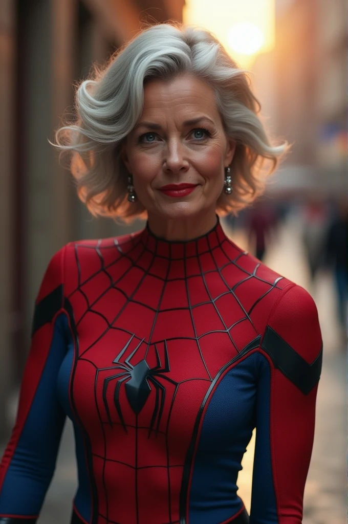 portrait of a 65-year-old woman with gray hair, seductive gaze, brown eyes, some wrinkles on her face, she is wearing spiderman latex costume with whip in her hand, 8k, detailed background, wrinkles on body, showing full body, full body, sitting on large leather sofa, wearing the necklance