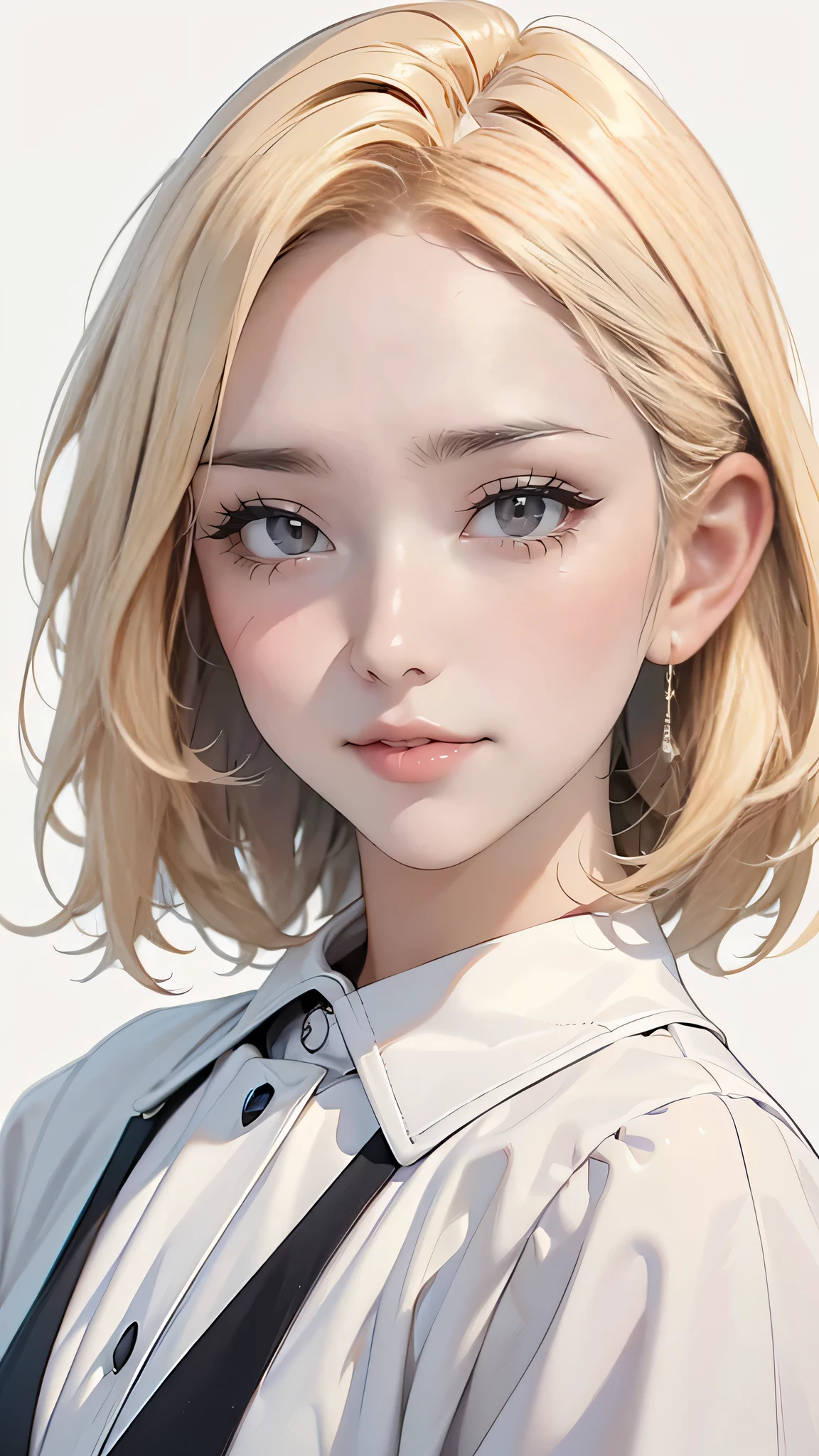 (highest quality、8k、32K、masterpiece)、(realistic)、(Photoreal:1.2)、(High resolution)、Super detailed、very beautiful face and eyes、1 girl、round and small face、thin waist、delicate body、(close、highest quality、high detail、rich skin details)、(highest quality、8k、oil paint:1.2)、Super detailed、(realistic、realistic:1.37)、bright colors、(((I'm blonde)))、(((bust shot)))、(((medium hair、blonde hair)))、(((Pure white wall background)))、(((she is wearing a black and white uniform)))、(((pure white wall background)))、(((It&#39;s a soccer uniform)))、(((Ｖneck uniform)))、(((Uniform with vertical stripes)))、(((I&#39;m smiling)))、(((I&#39;m laughing out loud)))、(((Teeth are visible)))、(((I'm touching my head)))、(((I&#39;m wearing a necklace)))