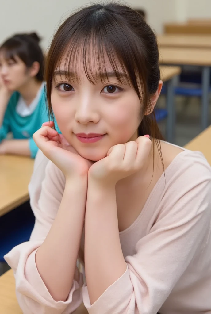 At school, they wear a blouse with a loose chest, stand with their elbows on the desk, hold their cheeks with their hands, and face the front with a smile、Angle of view is from above