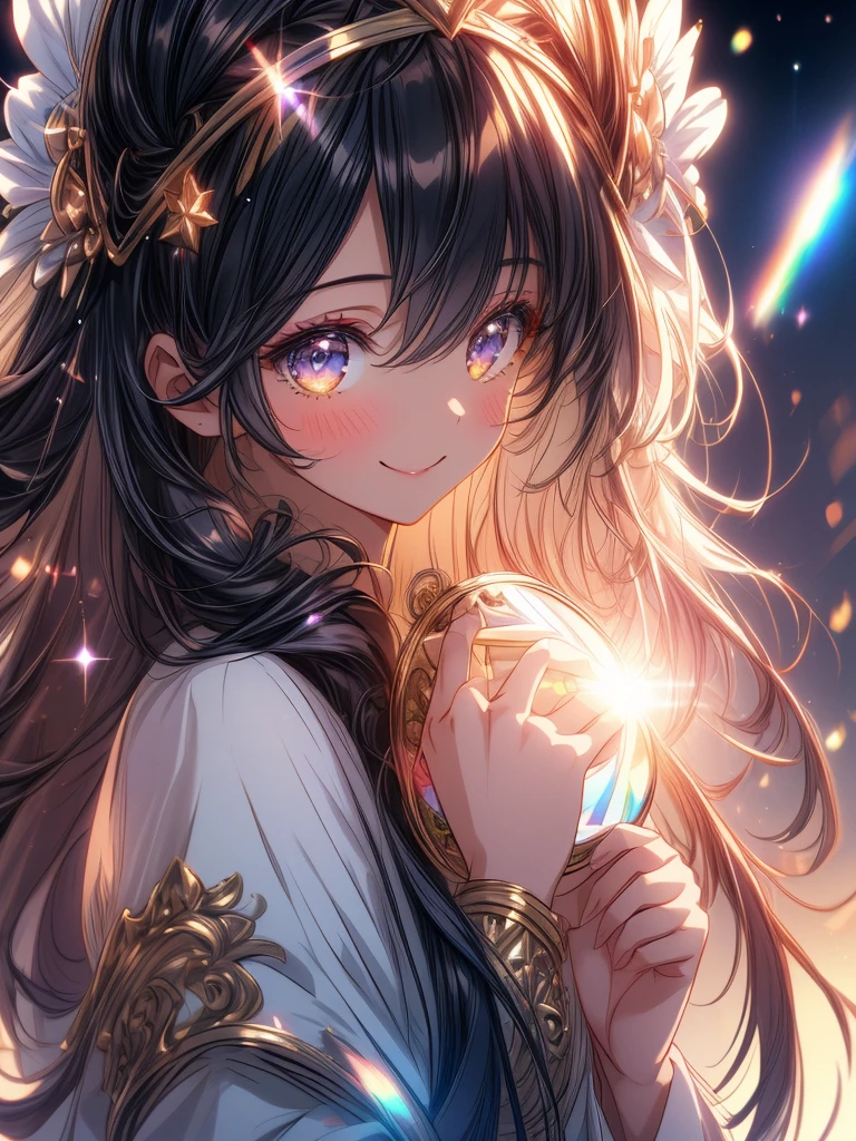 An extremely beautiful boy, (flat chest), 
Face, From side, 
Highly detailed beautiful face and Catchlighting big eyes, happy smile, blush, 

Beautiful black hair, very long hair, head dress,
solo, 1boy, 
(Masterpiece,8K,4K,Ultra High Quality,Super Detailed,Super Beautiful CG,A highly detailed illustration,best quality:1.4), (Outline:1.2), (light particles:1.2), (Lens Flare:1.2), 