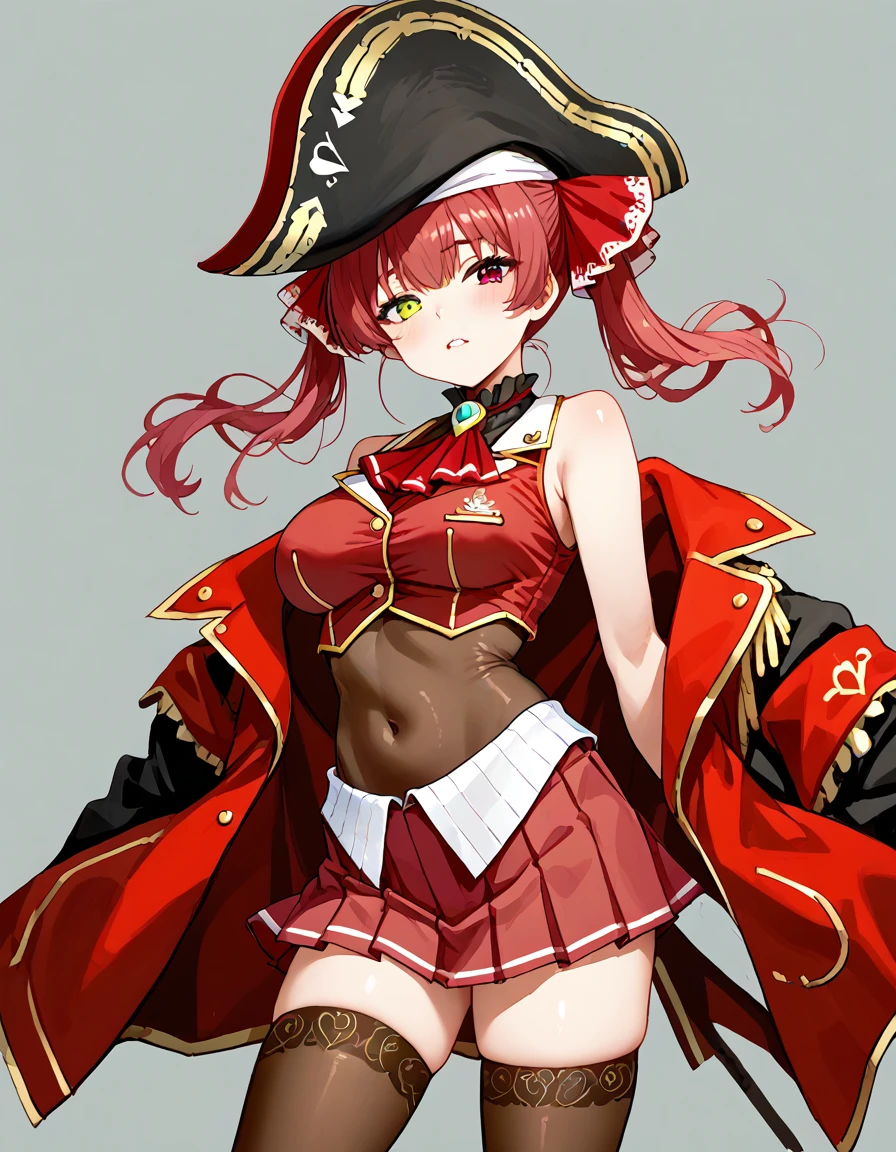 marine houshou, red hair, twintails, heterochromia, red eyes, yellow eyes, hair ribbon,
bare shoulders, brown leotard, brown thighhighs, covered navel, cropped jacket, grey shirt, jacket, leotard, leotard under clothes, pleated skirt, red jacket, red ribbon, red skirt, ribbon, shirt, skirt, sleeveless, sleeveless jacket, sleeveless shirt, thighhighs,pirate coat,pirate hat,large breast