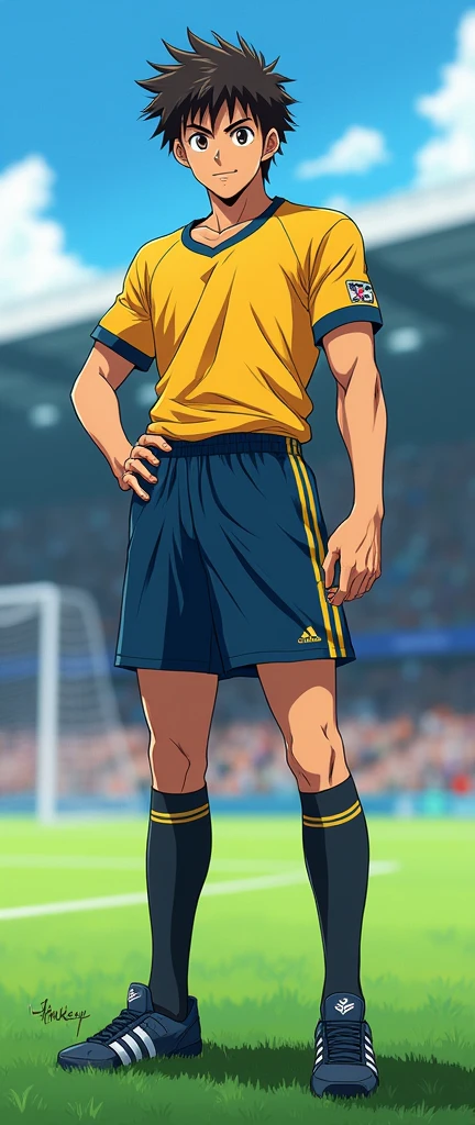 1 male, high resolution 8k, adult, handsome, perfect face detail, detailed eyes and face, clean shaved, sixpack realistic, white eyebrow hair, white eyelashes, dynamic lighting, unreal engine, hd picture, satoru gojo, Jujutsu kaisen, white hair, short hair ,hair between eyes ,blue eyes, white skin, Football shirt, Football stadium background