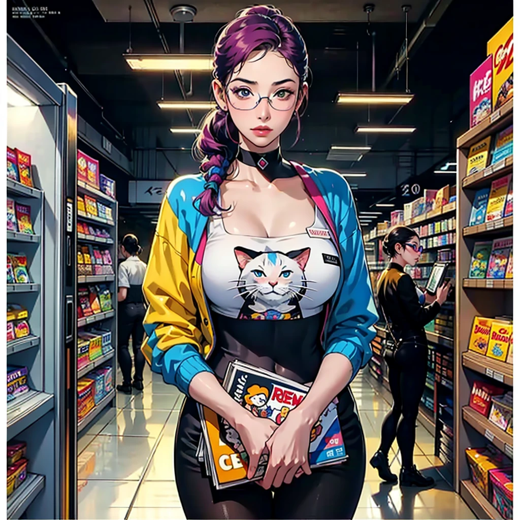 Inside the newsstand with magazine covers featuring cyber punks many cats wearing meme pixel glasses printed on magazine covers, realistic image , 8k resolution , super detailed, art pop