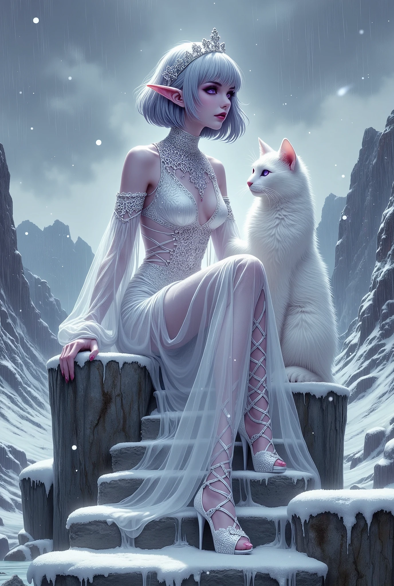 (Ultra-detailed face, Looking away, Fantasy Illustration with Gothic, Rich tone colors.), BREAK 
(A viewpoint looking up a stone staircase from below. Thick gray snow clouds hang low and snow is falling heavily. The Ice Queen smiles and sits cross-legged on an icy throne at the top of the snow-covered, icy stone steps, while a large, white, long-furred cat sits in her lap, leaps onto the throne, and nuzzles at her feet.), BREAK 
(The Ice Queen wears a tiara with a snowflake motif and a choker and necklace made of clear gemstones. She wears a lace-up dress of pure white transparent fabric organdie with layers of thin silver cords woven into the fabric. She wears high heels of pure white woven silk tape and holds a cat on her lap with both hands.), BREAK 
(She has glossy silver hair and eyebrows, blunt bangs, gently wavy messy very long hair with snow, small pink lips, pale translucent skin, lavender eyes, and a young age ice queen with thick dark eyeliner around her eyes.), BREAK 
(This is a frozen ice valley of bitter cold. The Ice Queen gently loves and shelters the inhabitants and creatures of the Ice Valley from the top of the Ice Temple. The large white cat by the Queen's side protects her.)