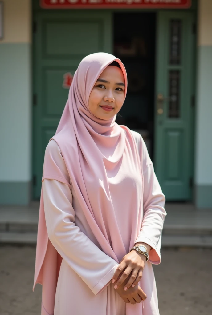 adorable, malay girl, 1 girl, (face to face), , baby face, hl body portrait, (face details: 1), (eye details: 1), ((small breasts)). wearing white long shirt, hijab, .. Cute posed. proportional body. Ultra High Res. realistic: 1.4, UHD