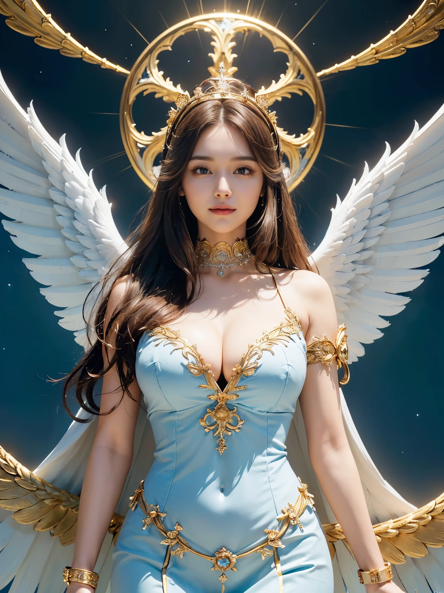 (High definition CG Unity 16k wallpaper), (masterpiece),(top-quality), (Best Detail), (Best Illustration), (Best Shadow), (Realism), Realistic human skin, (ultra-detailliert),Portrait of a fallen angel clergyman, With a detailed toned body, Big breasts、thin-waist、Thin leg, blue eyess,(Blonde short hair, side parts hair、hair messy)、She is flying in the sky on a full moon night, stunningly beautiful, Highly detailed,Cinematic lighting, (Huge large symmetrical wings with perfect detail,Colorful princess dresses with gorgeous and intricate embroidery:1.3),(perfect anatomia、Correct anatomy、perfectly proportions)、