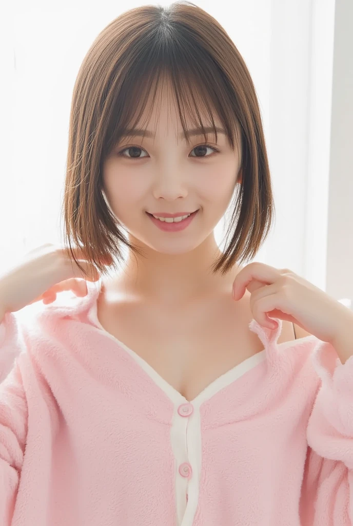 Only one woman with a cute smile wears cute, fluffy off-shoulder pajamas, makes a big heart shape with both hands, and poses them in front of her chest, View above collarbone、The background is a monotone 

